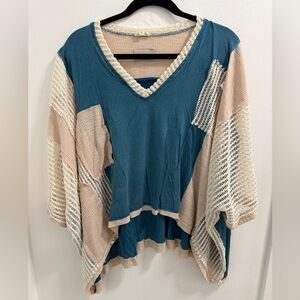 POL Teal and Beige Patchwork Knit Top